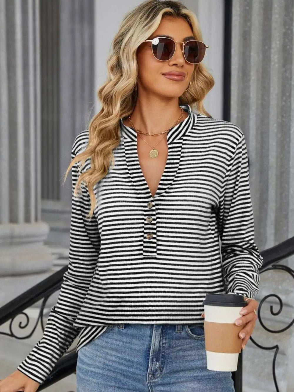 Striped Notched Long Sleeve T-Shirt - Trendsi - Flyclothing LLC