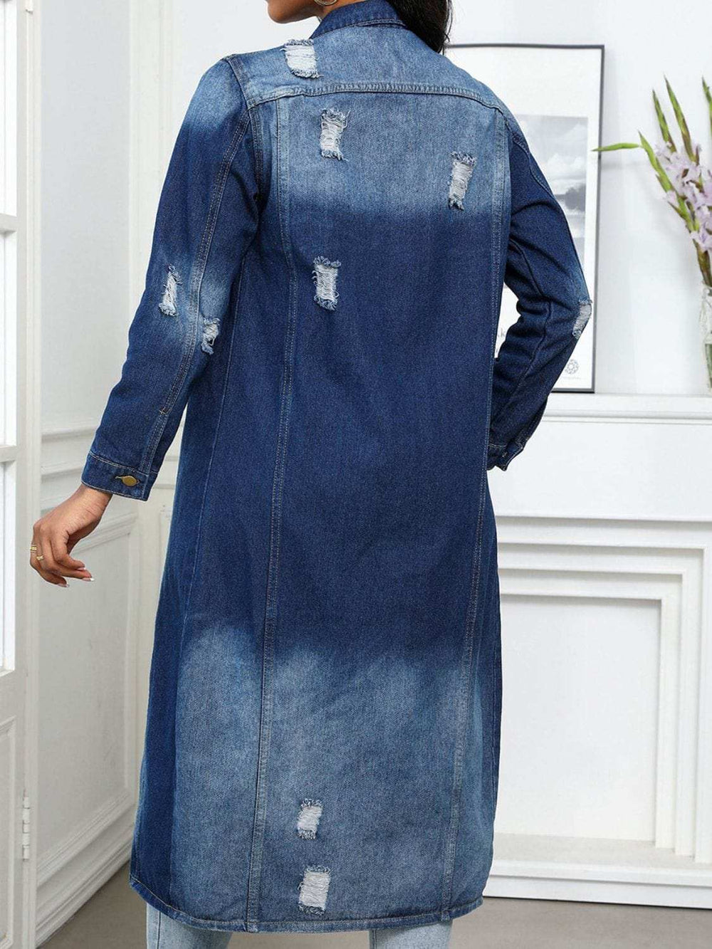 Distressed Button Up Collared Neck Denim Top - Trendsi - Flyclothing LLC