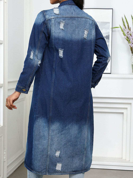 Distressed Button Up Collared Neck Denim Top - Trendsi - Flyclothing LLC