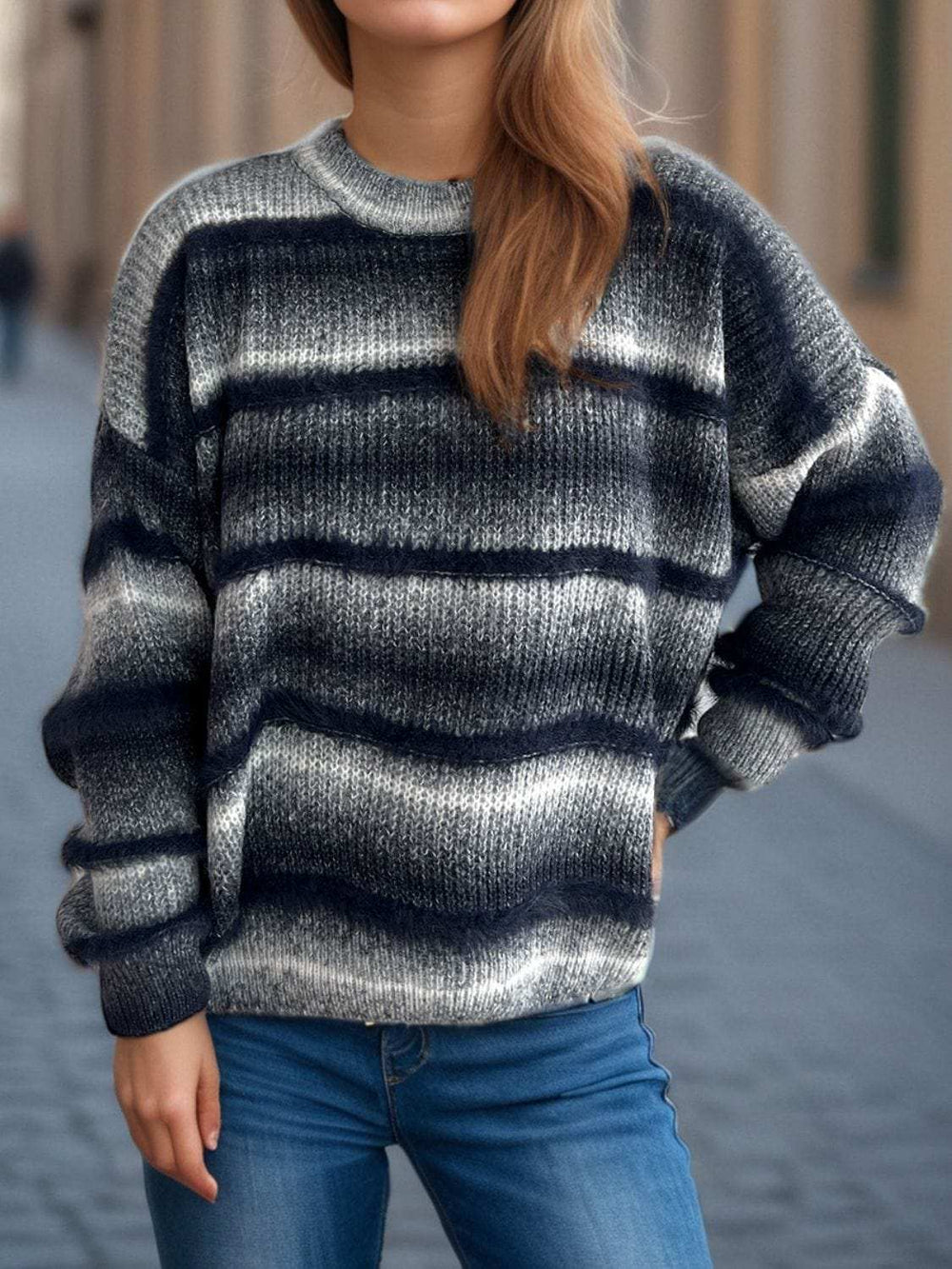 Gradient Round Neck Dropped Shoulder Sweater - Trendsi - Flyclothing LLC