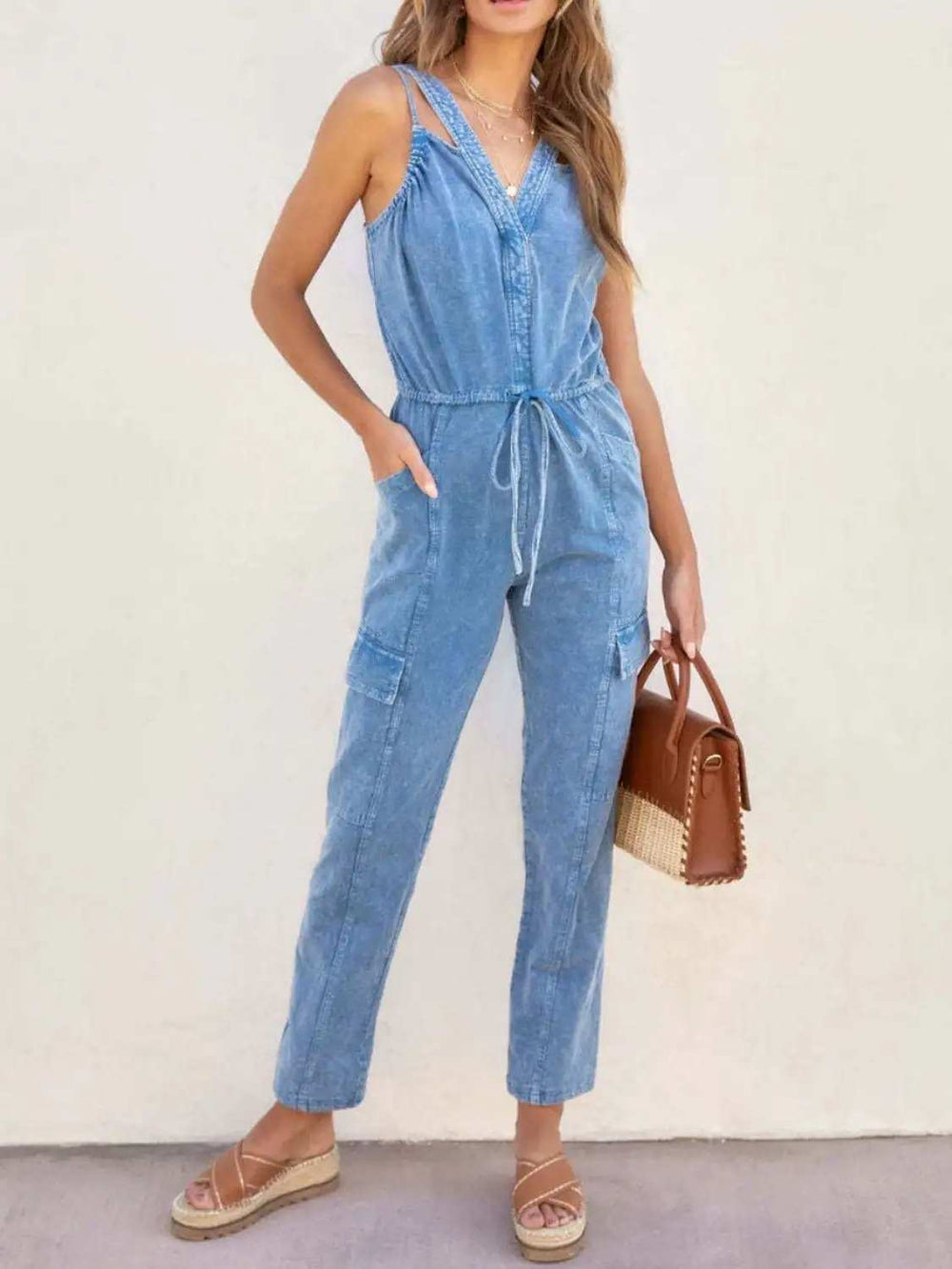 V-Neck Sleeveless Denim Jumpsuit - Trendsi - Flyclothing LLC