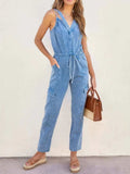 V-Neck Sleeveless Denim Jumpsuit - Trendsi - Flyclothing LLC