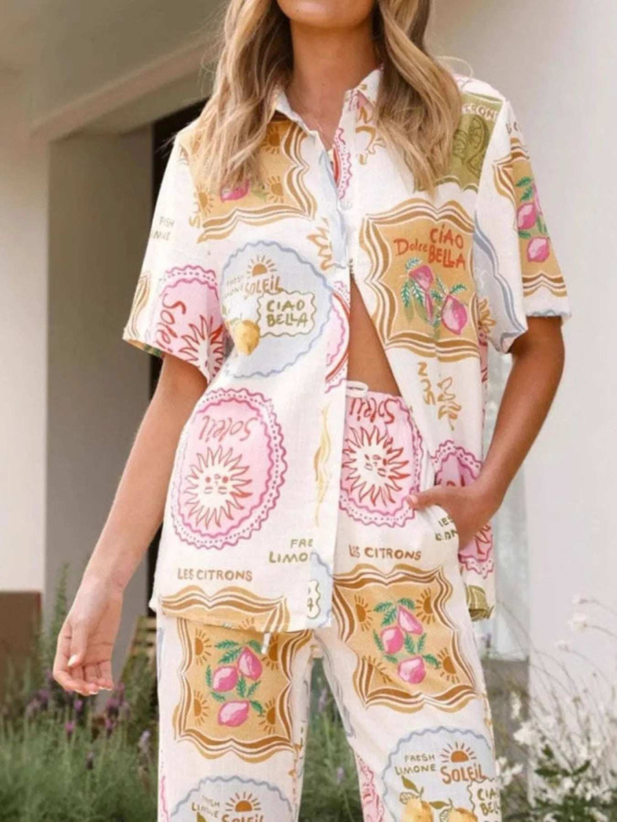 Printed Button Up Shirt and Pants Set - Trendsi - Flyclothing LLC