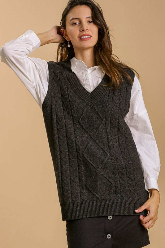 Umgee Full Size Cable V-Neck Vest Sweater Plus Size - Trendsi - Flyclothing LLC