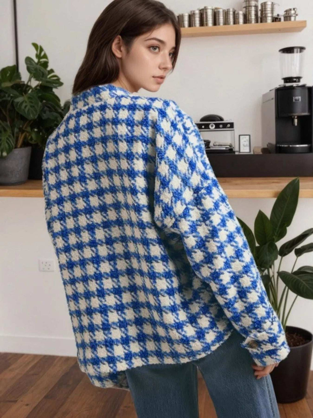 Houndstooth Button Up Long Sleeve Jacket - Trendsi - Flyclothing LLC