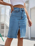 Raw Hem Slit Denim Skirt - Trendsi - Flyclothing LLC