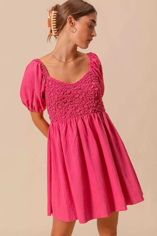 SO ME Textured Woven Daily Dress with Puff Sleeves - Trendsi - Flyclothing LLC