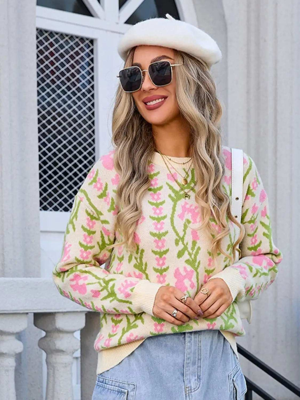 Flower Round Neck Long Sleeve Sweater - Trendsi - Flyclothing LLC