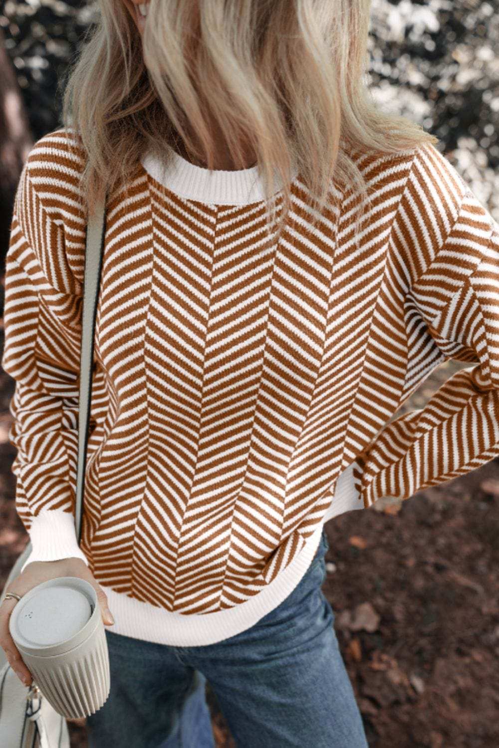 Striped Round Neck Long Sleeve Sweater - Trendsi - Flyclothing LLC
