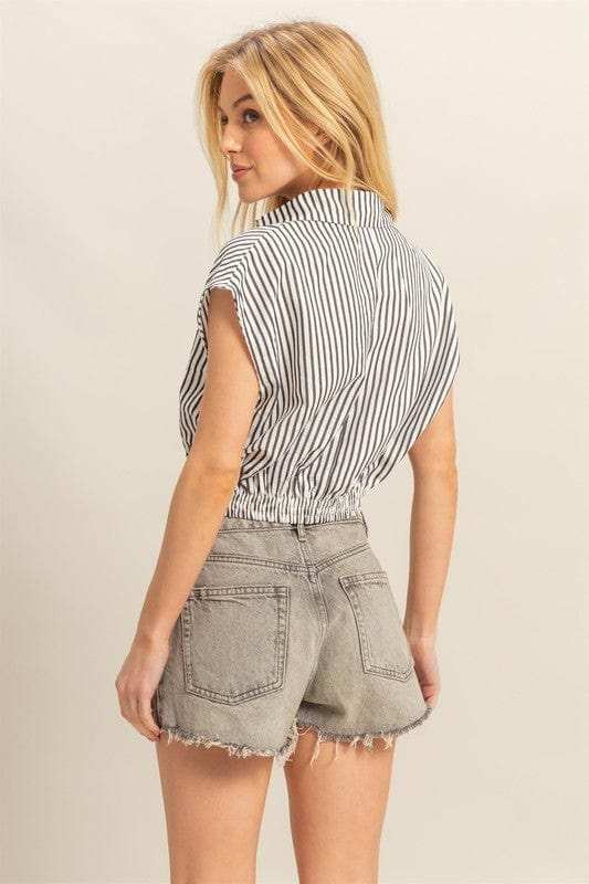 HYFVE Striped Elastic Hem Johnny Collar Cap Sleeve Blouse - Trendsi - Flyclothing LLC