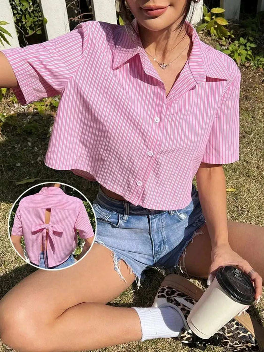 Bow Back Striped Short Sleeve Shirt - Trendsi - Flyclothing LLC
