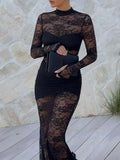 Lace Sheer Mock Neck Long Sleeve Maxi Dress - Trendsi - Flyclothing LLC