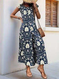 Perfee Printed Round Neck Cap Sleeve Wide Leg Jumpsuit - Trendsi - Flyclothing LLC