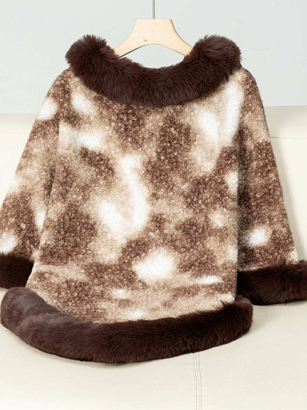 Furry Contrast Three-Quarter Poncho - Trendsi - Flyclothing LLC