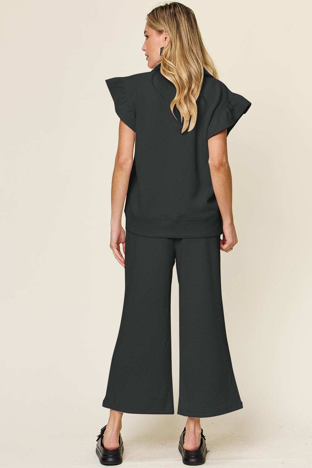 Double Take Texture Ruffle Short Sleeve Top and Drawstring Wide Leg Pants Set - Trendsi - Flyclothing LLC