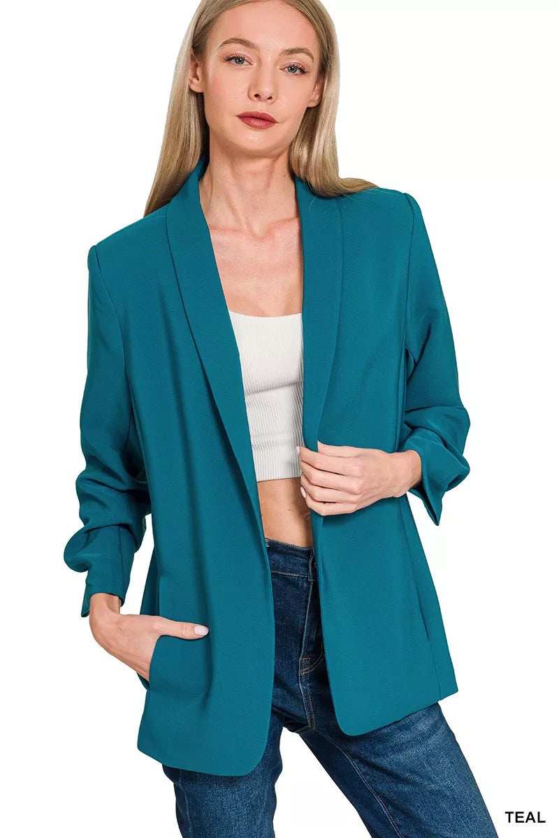 Zenana Woven 3/4 Ruched Sleeve Open Front Classic Blazer - Trendsi - Flyclothing LLC