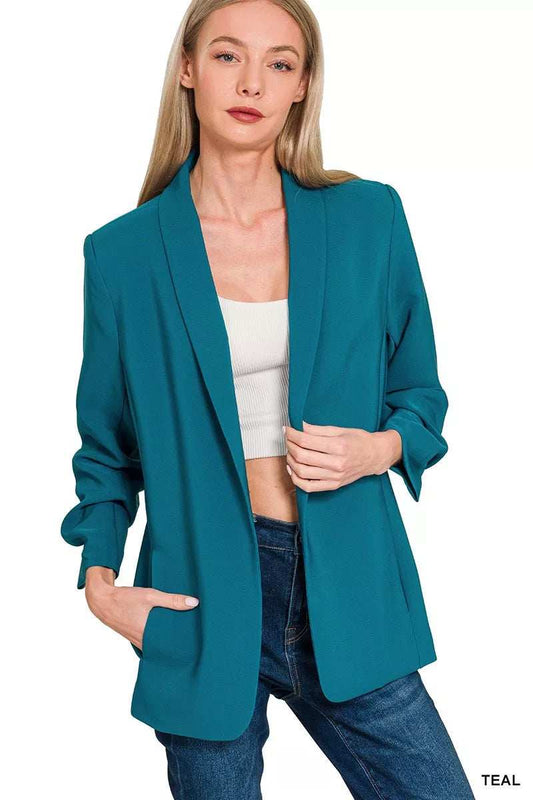 Zenana Woven 3/4 Ruched Sleeve Open Front Classic Blazer - Trendsi - Flyclothing LLC