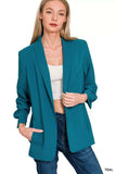 Zenana Woven 3/4 Ruched Sleeve Open Front Classic Blazer - Trendsi - Flyclothing LLC