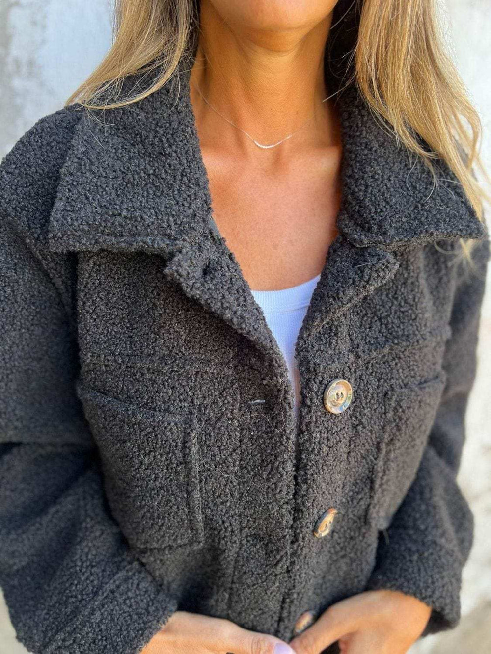 Full Size Fuzzy Button Up Drop Shoulder Jacket - Trendsi - Flyclothing LLC