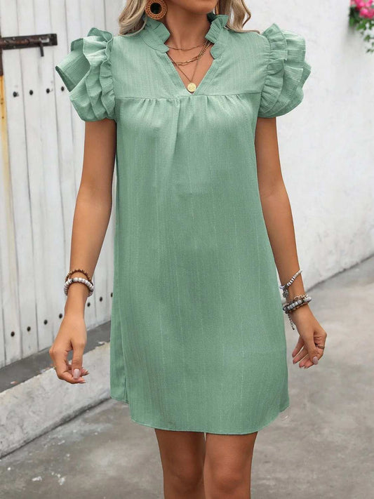 Ruffled Notched Cap Sleeve Mini Dress - Trendsi - Flyclothing LLC