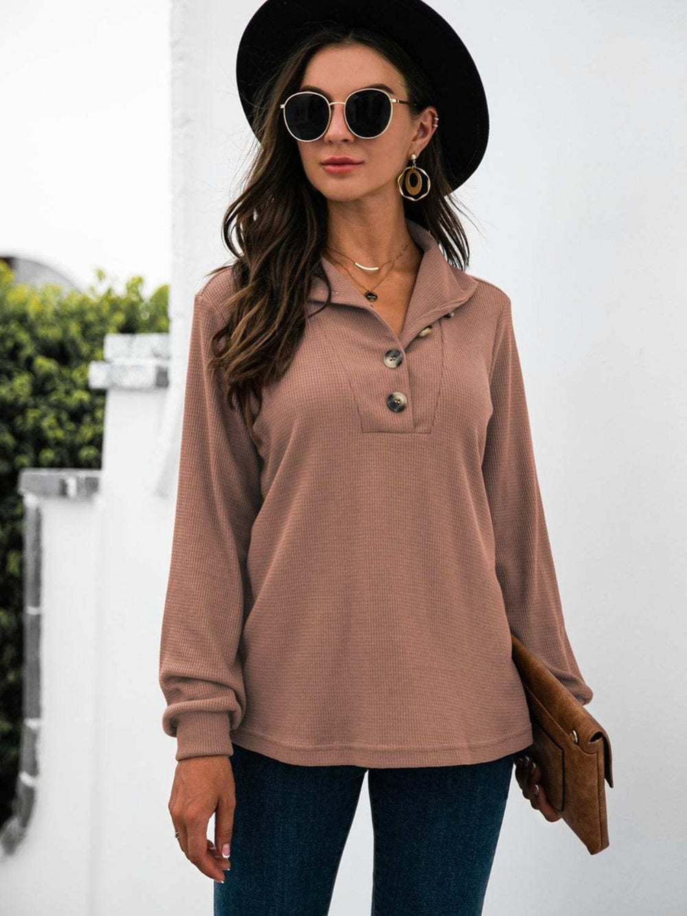 Half Button Long Sleeve T-Shirt - Trendsi - Flyclothing LLC