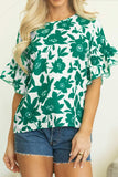 Floral Print Ruffled Short Sleeve Round Neck Loose Blouse - Trendsi - Flyclothing LLC