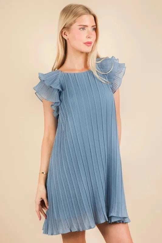 VERY J Plus Size Ruffle Sleeve Pleated Woven Mini Dress - Trendsi - Flyclothing LLC
