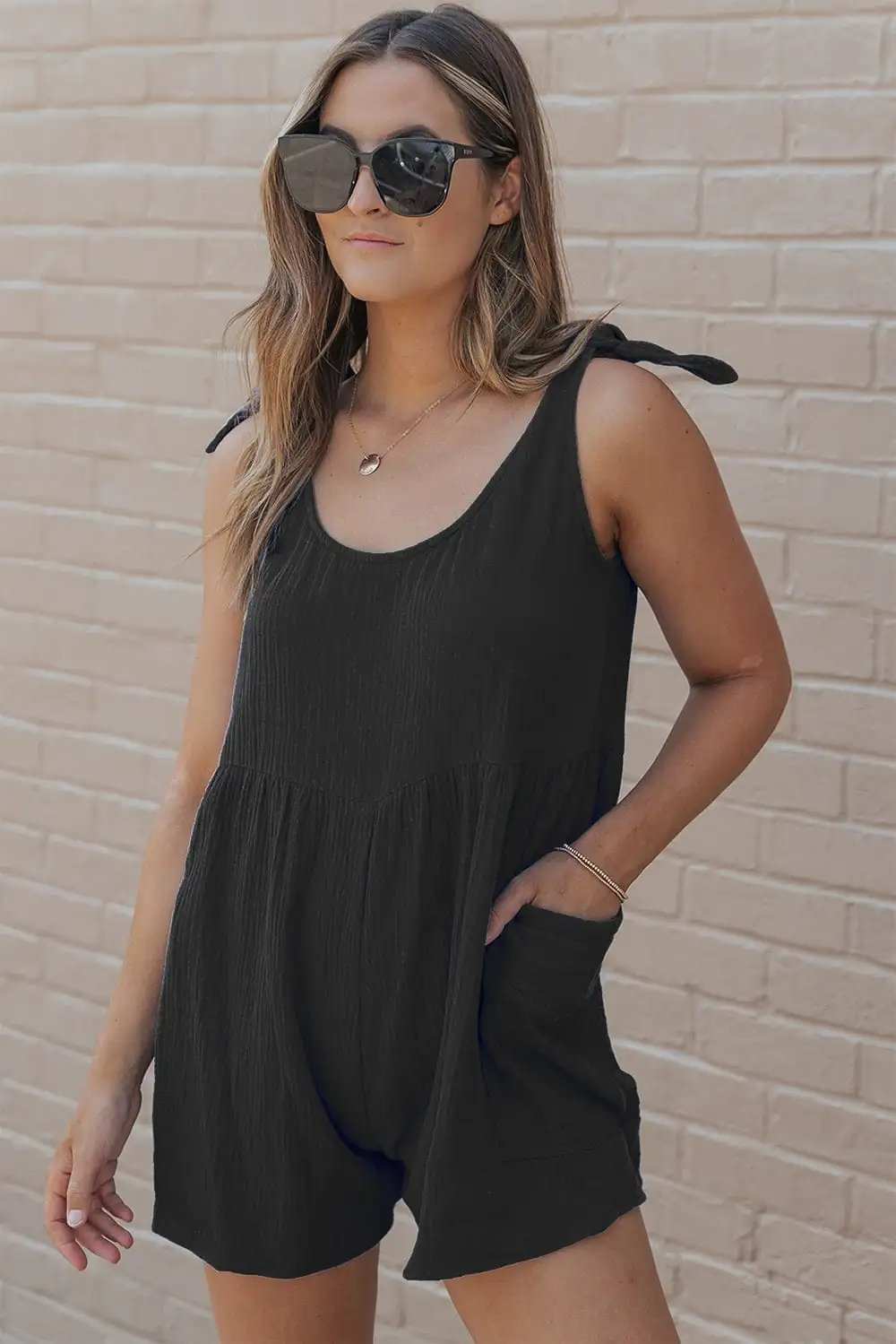 Scoop Neck Tie Shoulder Romper - Trendsi - Flyclothing LLC