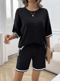 Contrast Trim Round Neck Top and Shorts Set - Trendsi - Flyclothing LLC