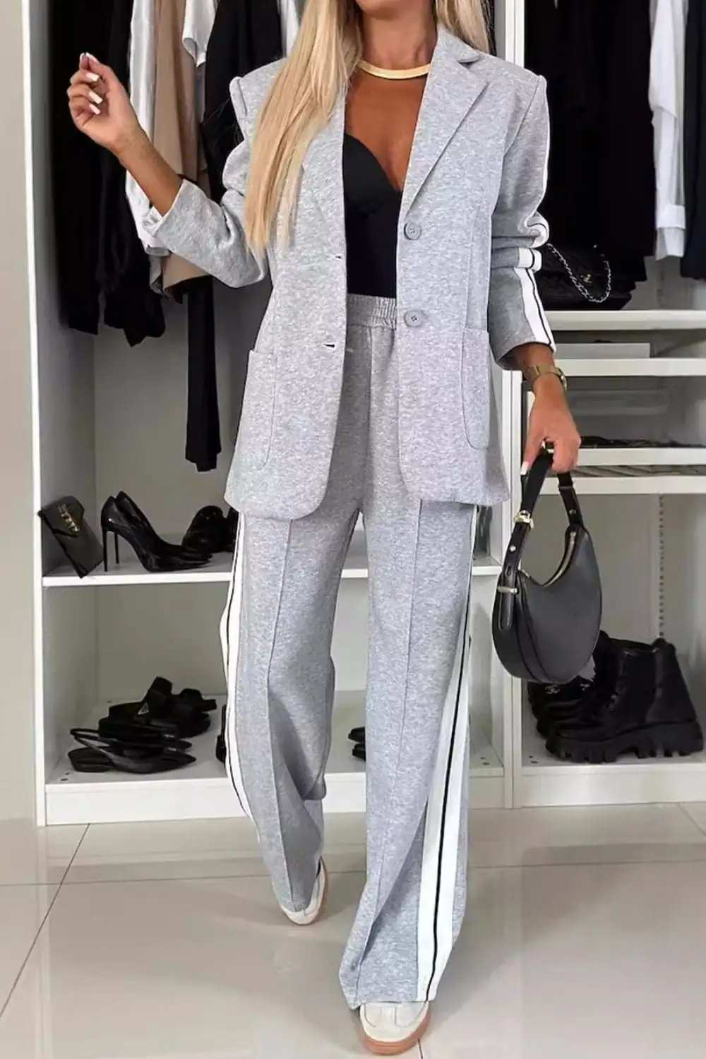 Full Size Contrast Lapel Collar Top and Pants Set - Trendsi - Flyclothing LLC