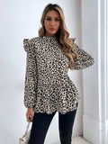 Ruffled Leopard Mock Neck Long Sleeve Blouse - Trendsi - Flyclothing LLC