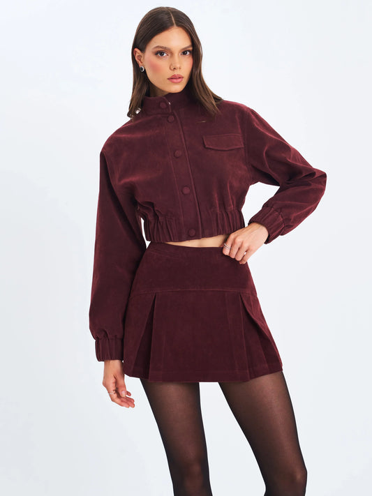 Farryn Mahogany Vegan Suede Cropped Bomber Jacket - Miss Circle - Flyclothing LLC