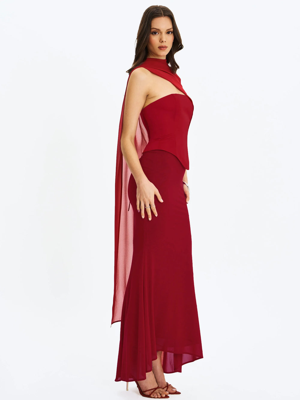 Giselle Crimson Peplum Mermaid Gown with Chiffon Scarf - Miss Circle - Flyclothing LLC