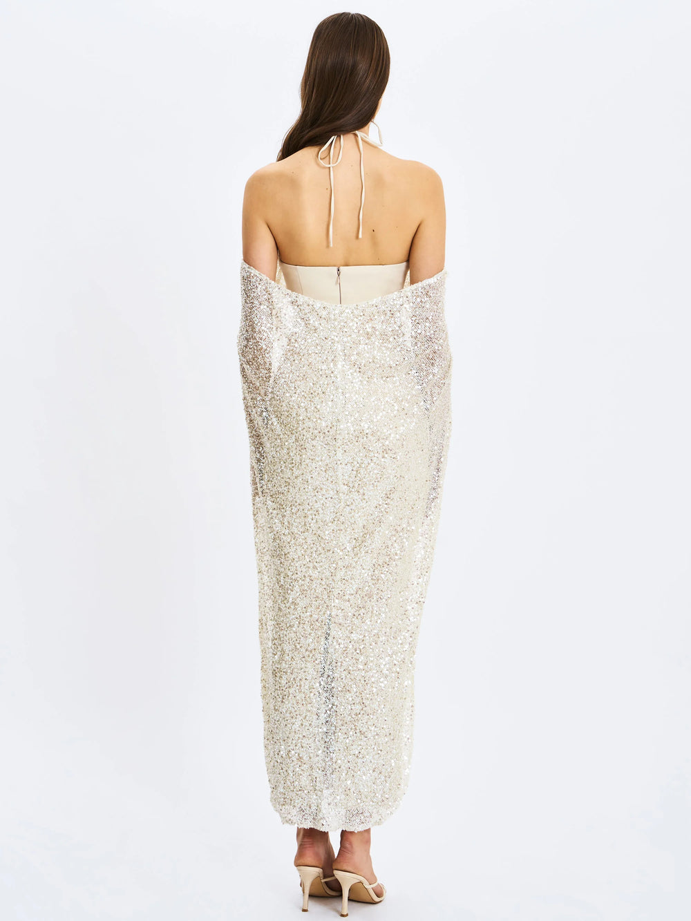 Quimera Almond Beaded Cape Halter Off-Shoulder Maxi Gown - Miss Circle - Flyclothing LLC