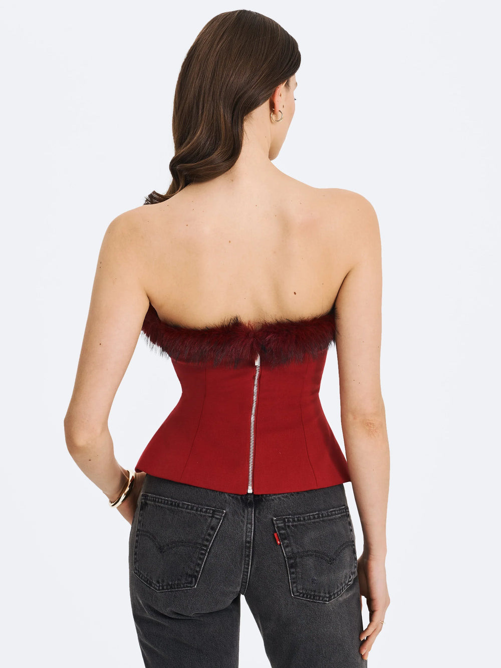 Ivette Crimson Fur-Trimmed Peplum Top - Miss Circle - Flyclothing LLC