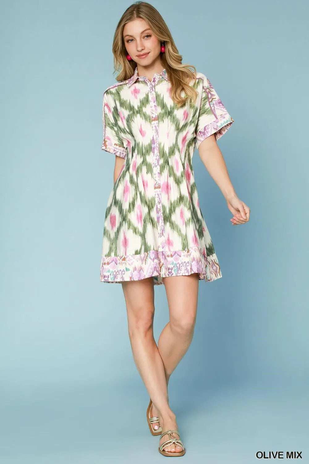Umgee Ethnic Print Short Sleeve Mini Shirt Dress - Trendsi - Flyclothing LLC