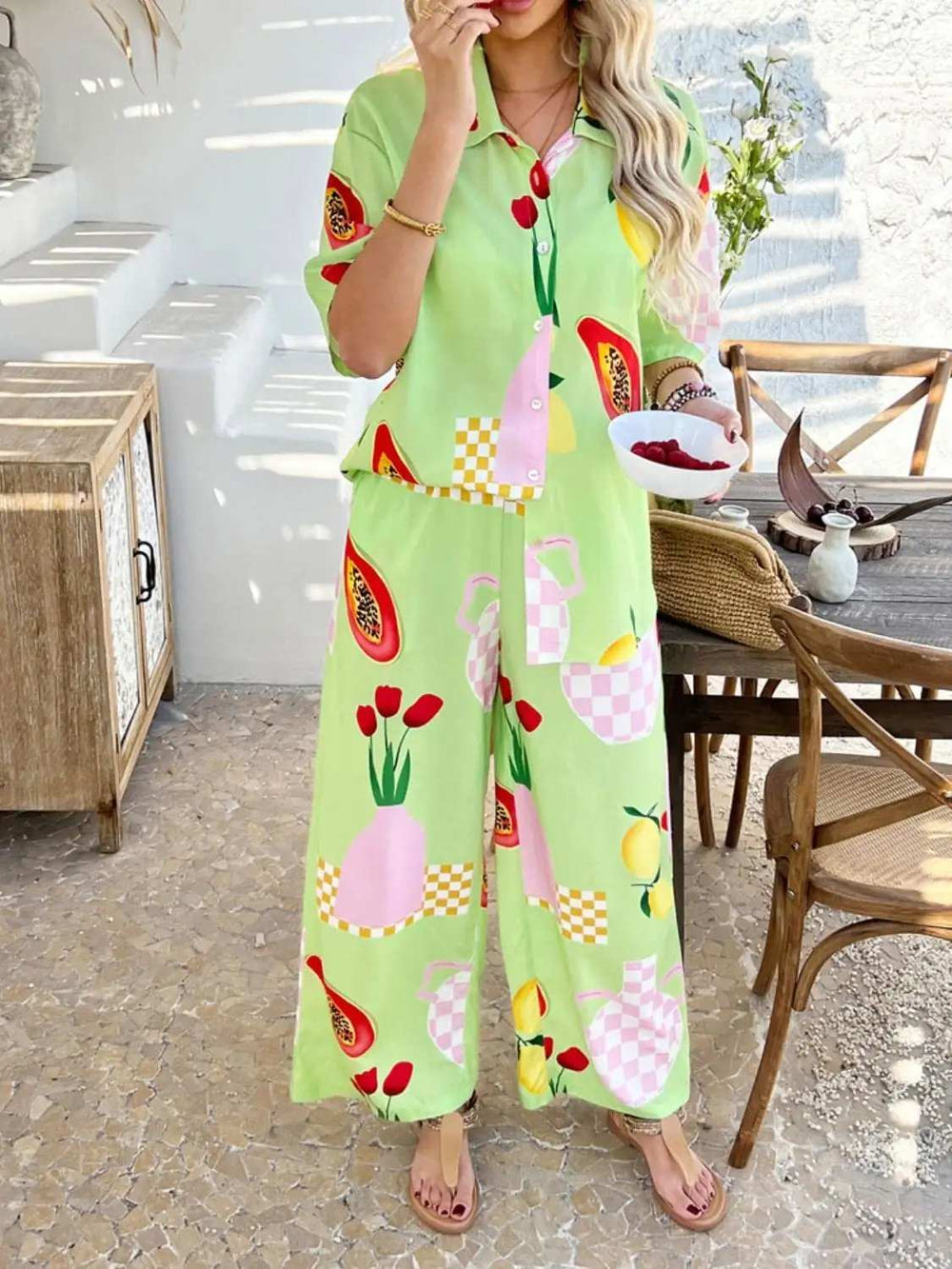 Devine Printed Collared Neck Half Sleeve Top and Pants Set - Trendsi - Flyclothing LLC