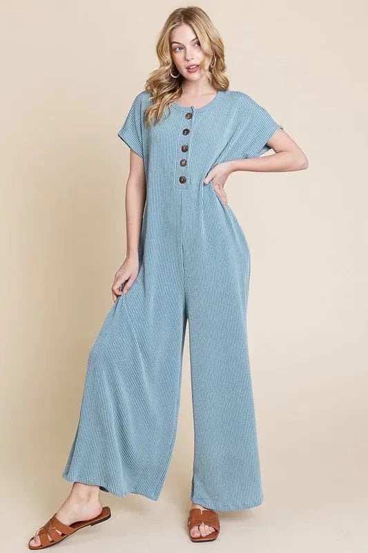 BOMBOM Rib Knit Jumpsuit with Button Detail - Trendsi - Flyclothing LLC