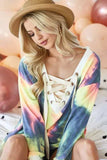 BiBi Tie Dye Deep V-Neck Top with Lace Up Front - Trendsi - Flyclothing LLC