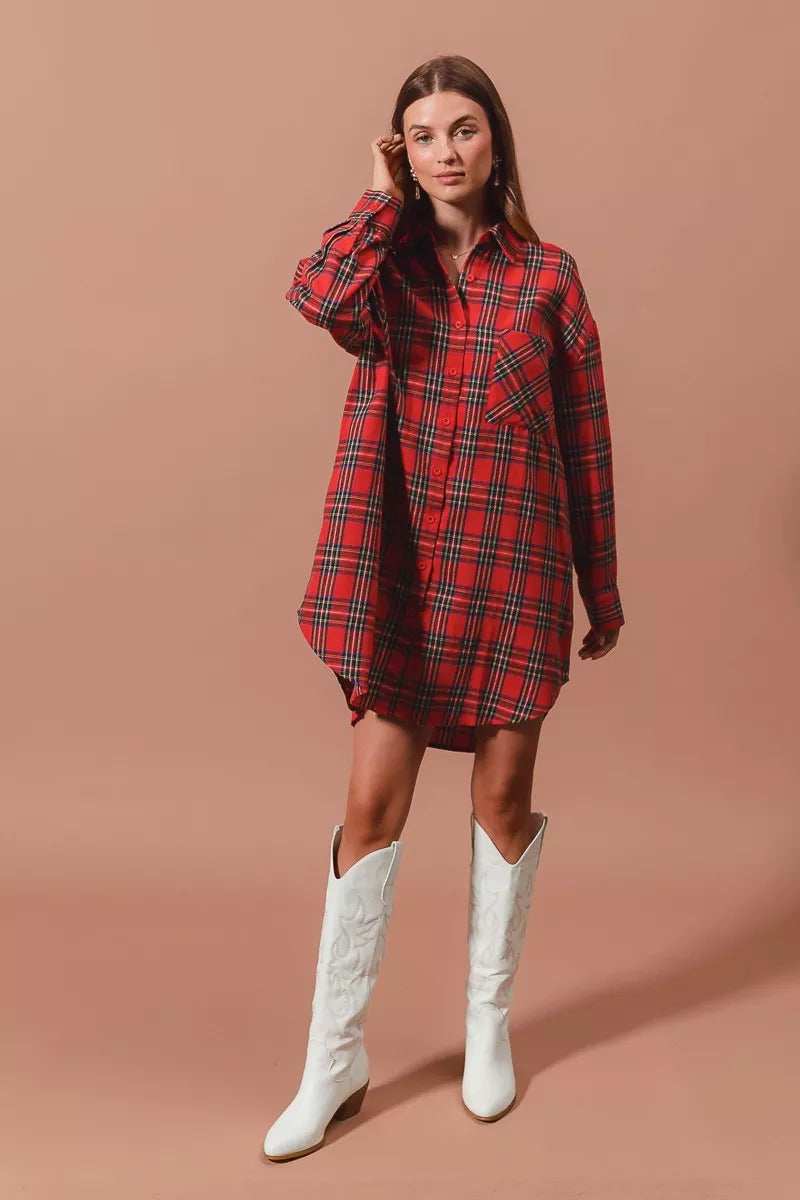 SO ME Christmas Checker Plaid Button Up Shirt Dress - Trendsi - Flyclothing LLC