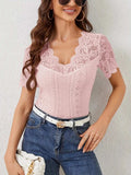 Lace Trim Eyelet Embroidered Summer T-Shirt - Trendsi - Flyclothing LLC