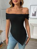 Ribbed Off-Shoulder Asymmetrical Hem T-Shirt - Trendsi - Flyclothing LLC