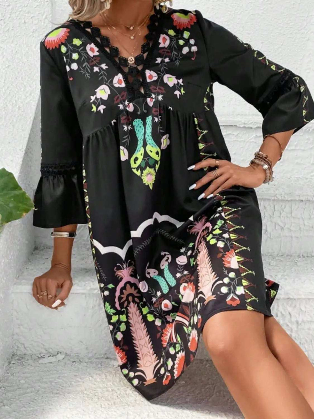 Lace Detail Printed Three-Quarter Sleeve Dress - Trendsi - Flyclothing LLC