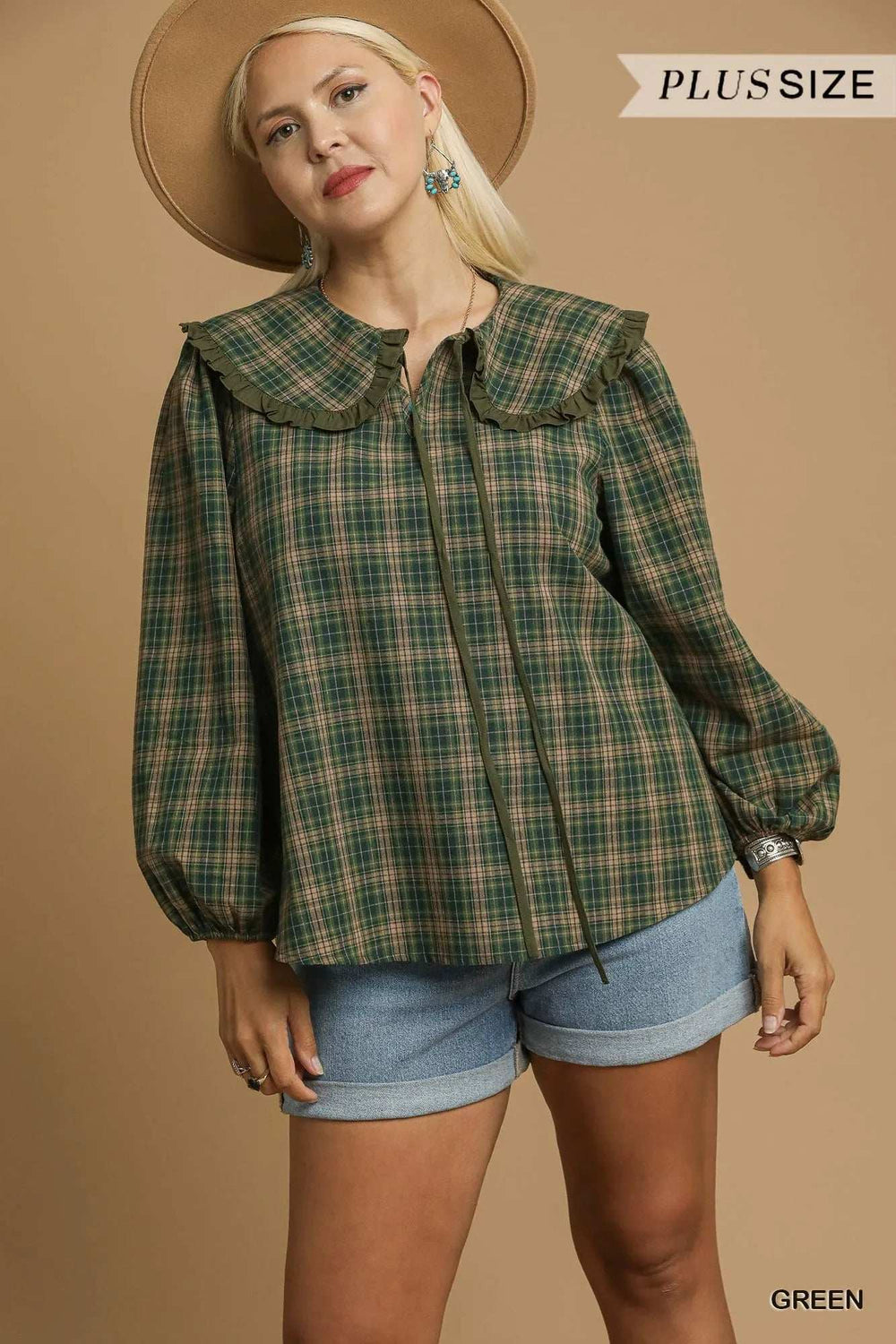 Umgee Full Size Plaid Ruffle Collar Blouse Plus Size - Trendsi - Flyclothing LLC