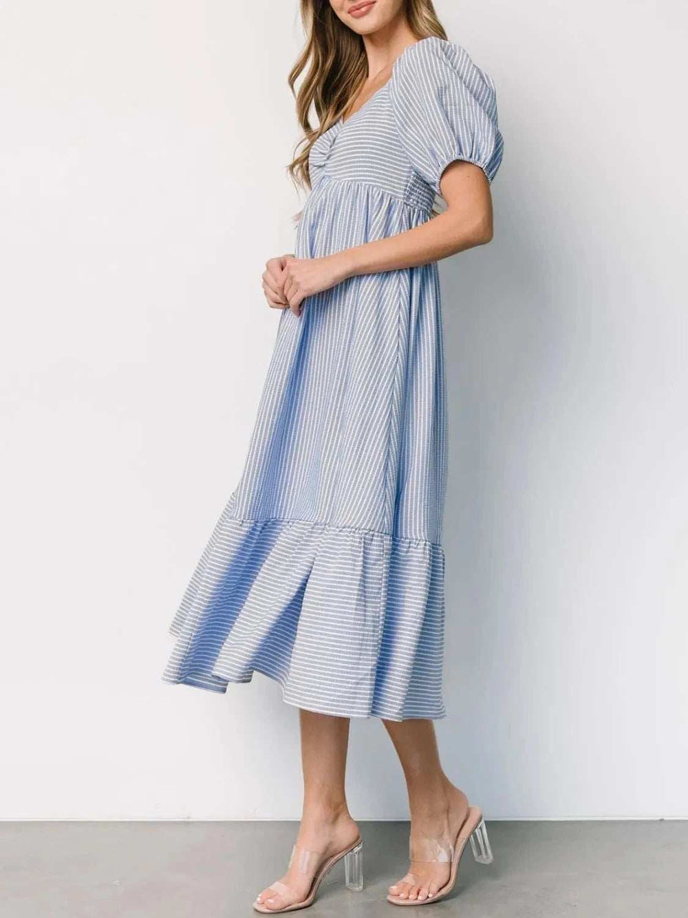 Striped Sweetheart Neck Puff Sleeve Midi Dress - Trendsi - Flyclothing LLC