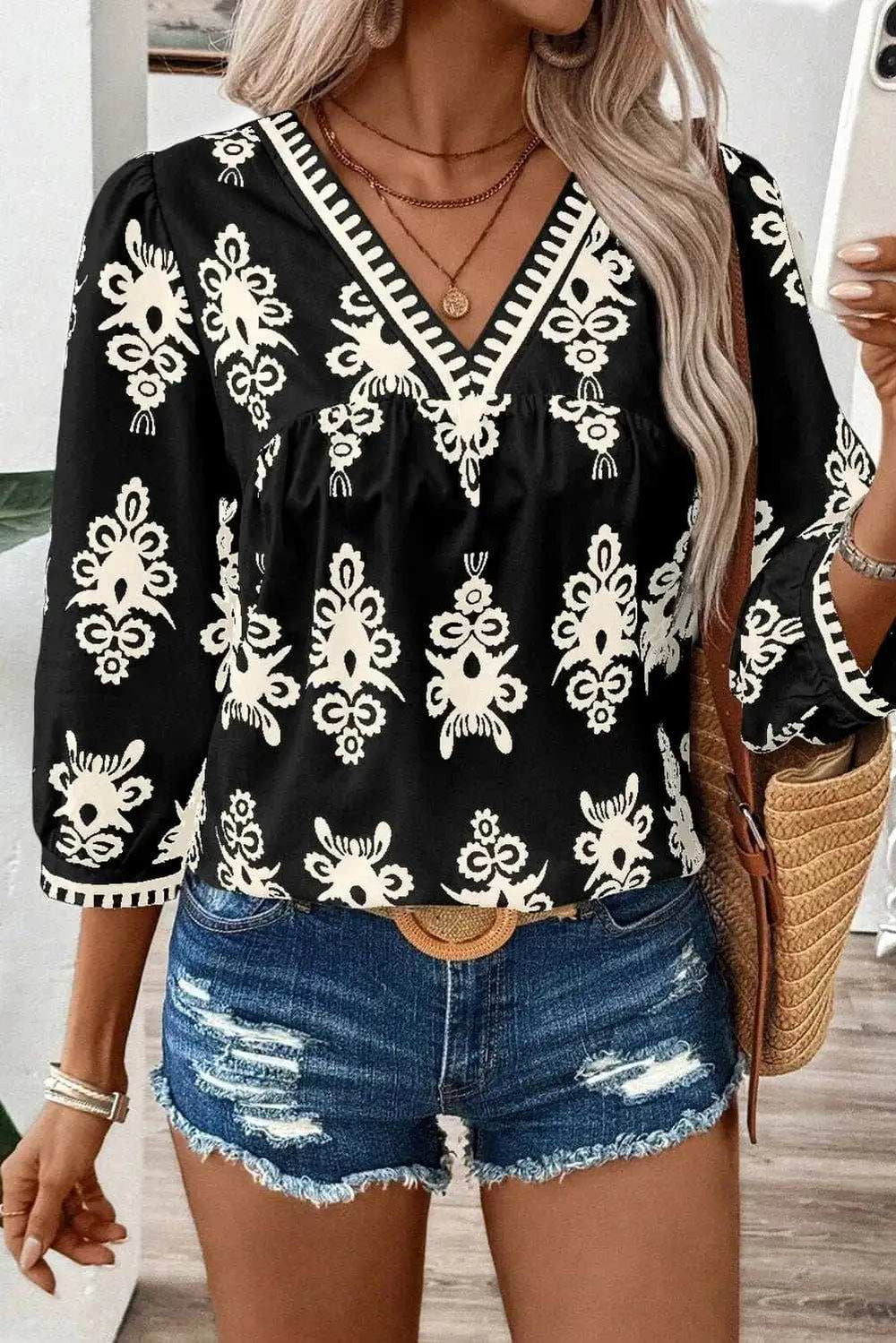 Printed V-Neck Three-Quarter Sleeve Blouse - Trendsi - Flyclothing LLC