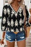 Printed V-Neck Three-Quarter Sleeve Blouse - Trendsi - Flyclothing LLC