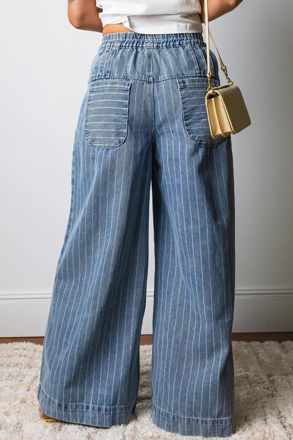 Stripe Button Pleated Drawstring Waist Casual Wide Leg Jeans - Trendsi - Flyclothing LLC