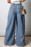 Stripe Button Pleated Drawstring Waist Casual Wide Leg Jeans - Trendsi - Flyclothing LLC