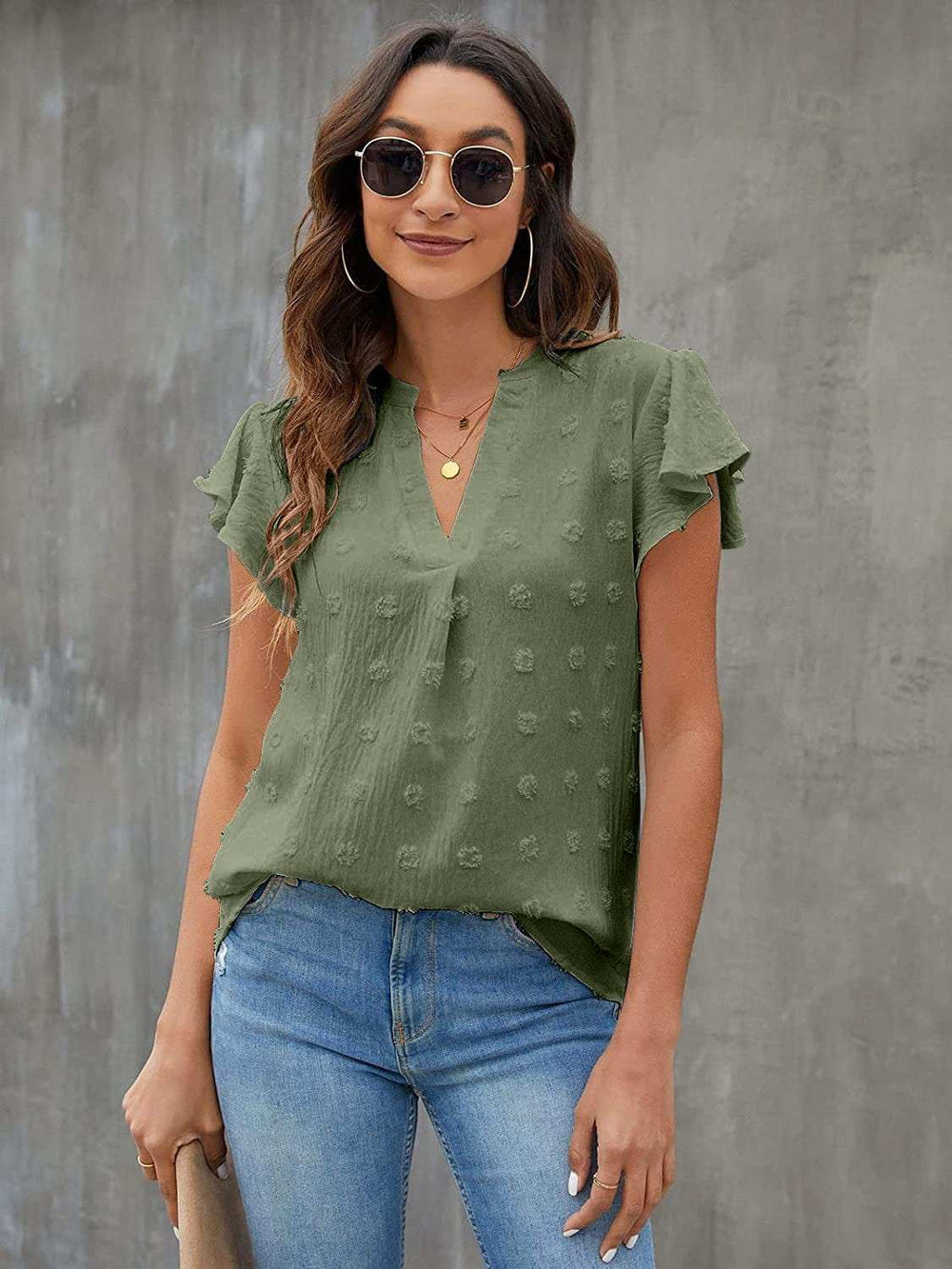 Swiss Dot Notched Flutter Sleeve Blouse - Trendsi - Flyclothing LLC
